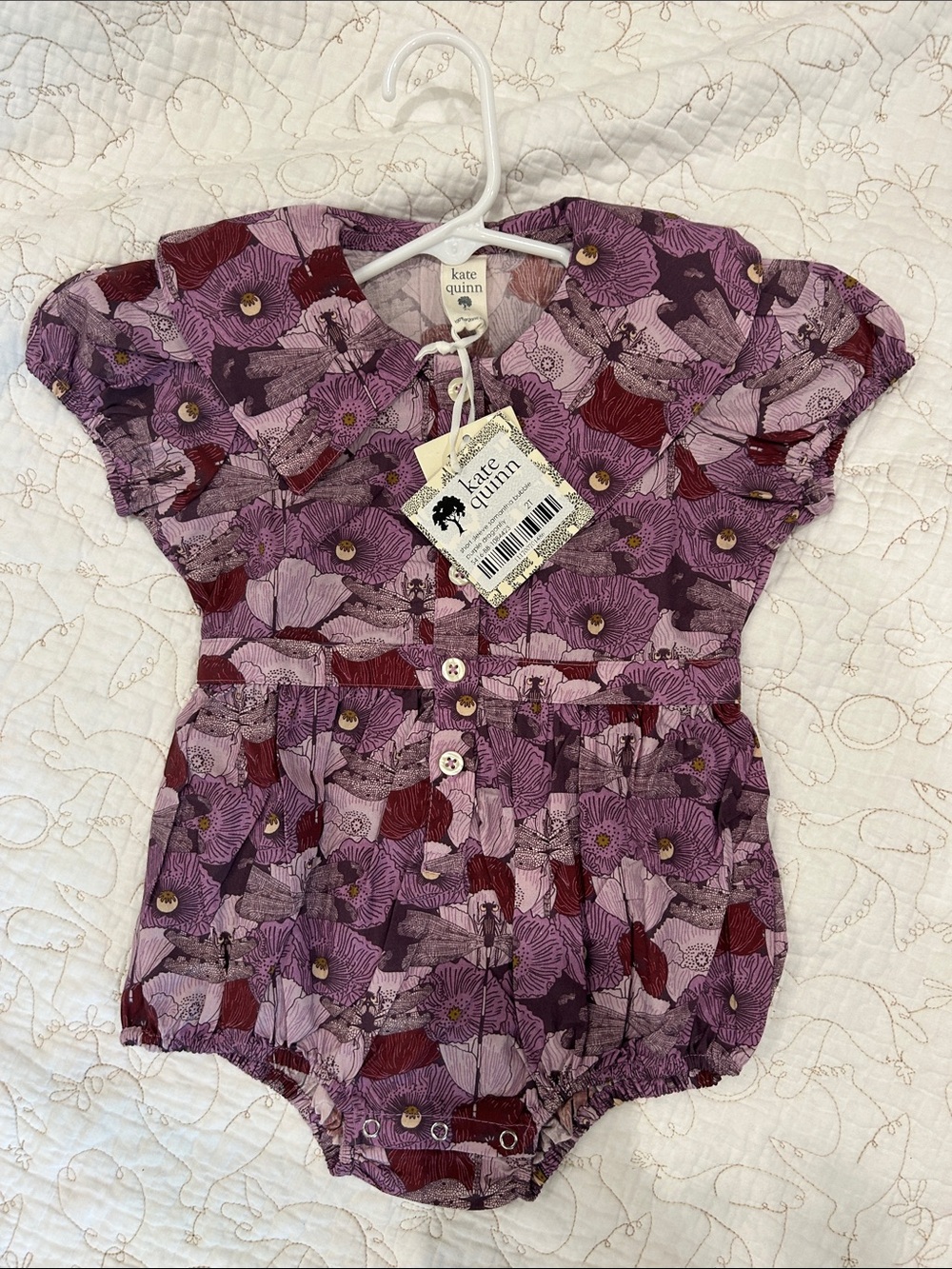 kate quinn purple and maroon floral button-front baby romper